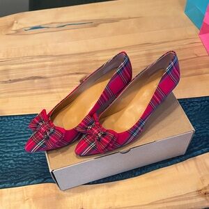 J. Crew Red Plaid Heels with Bow